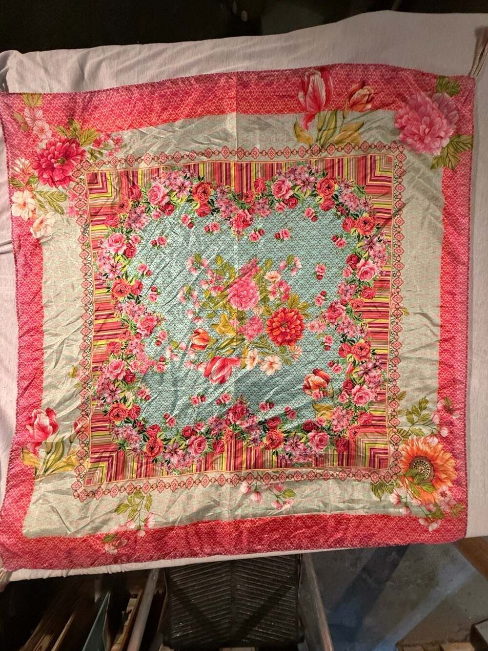 Johnny Was Renata Silk Square Scarf Pink Floral With Tassels